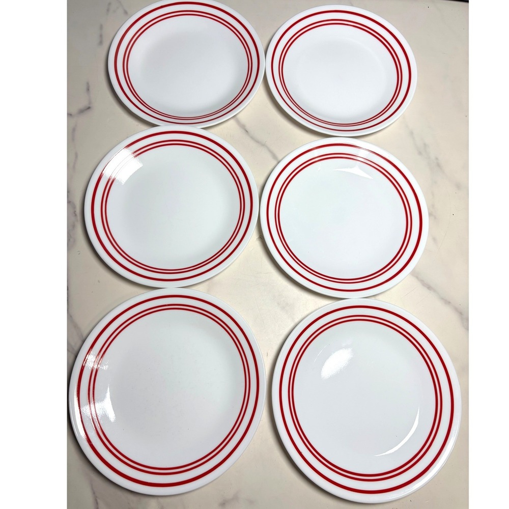 Corelle Classic Cafe Red Stripe Bread Butter Dessert Plates 6 pc White 6.75 Inch